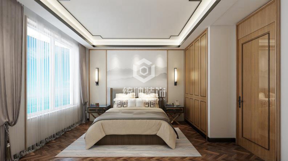普陀区品尊国际 206平新中式卧室装修效果图
