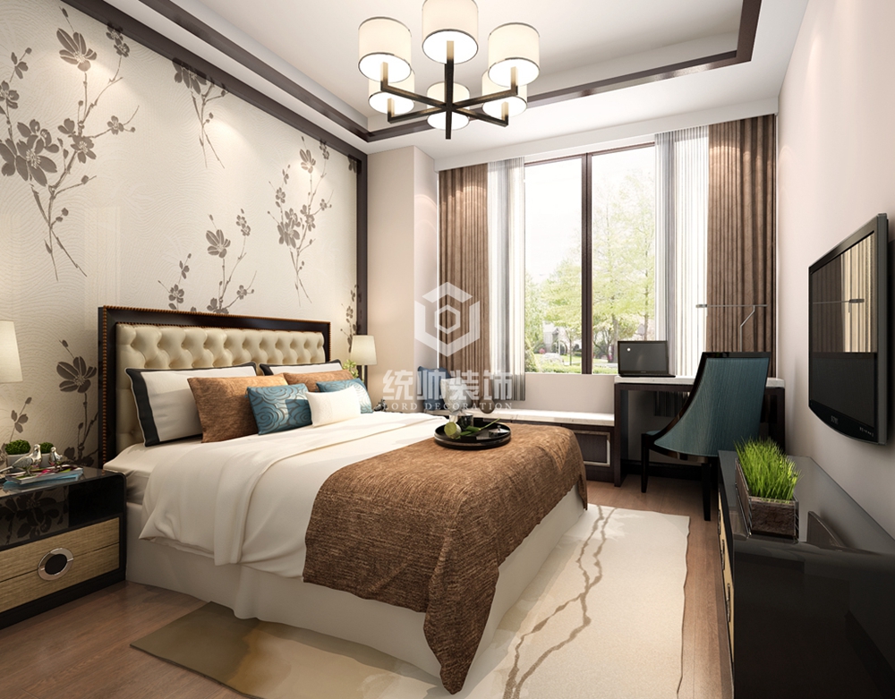 嘉定区禹州老城里120平方新中式风格三室两厅卧室装修效果图