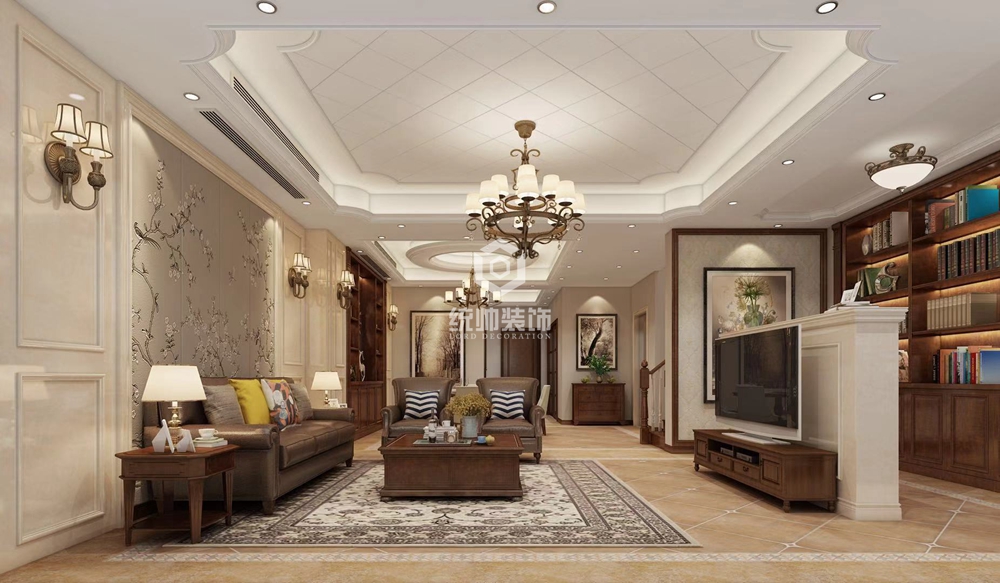 徐汇区正荣国领450平方美式风格别墅客厅装修效果图