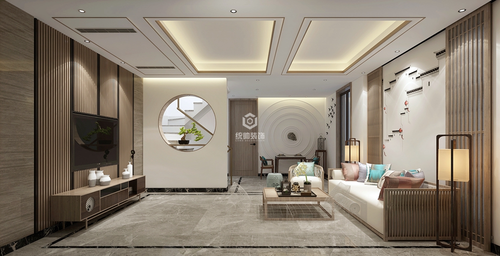 青浦区朱家角一号280平方新中式风格复式客厅装修效果图