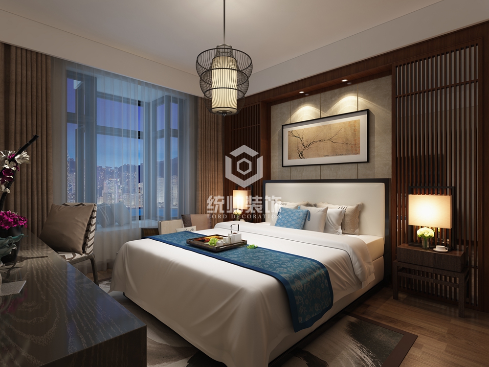 松江区珠江新城109平方新中式风格三室两厅卧室装修效果图