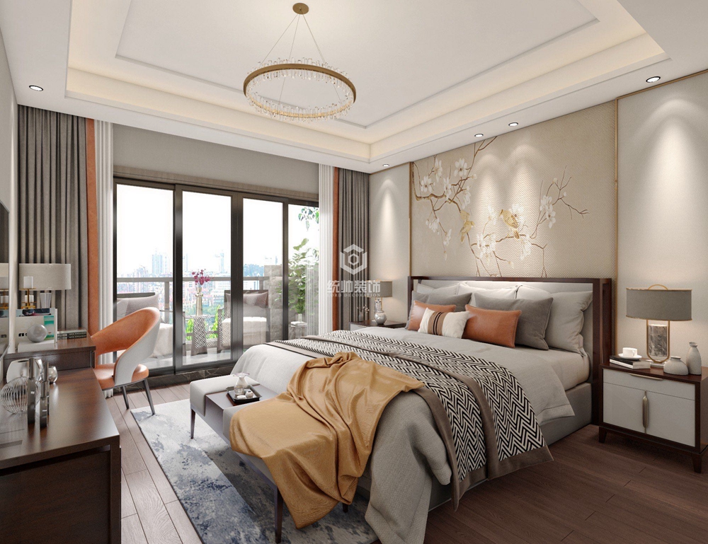 崇明区融创海上桃源130平方新中式风格别墅卧室装修效果图