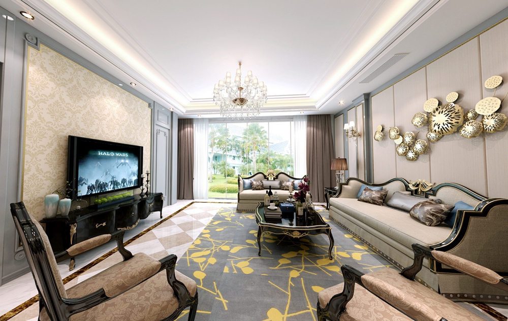 嘉定區保利天鵝語420平美式客廳裝修效果圖