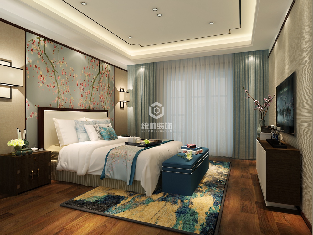 青浦区水悦坊300平方新中式风格下叠卧室装修效果图