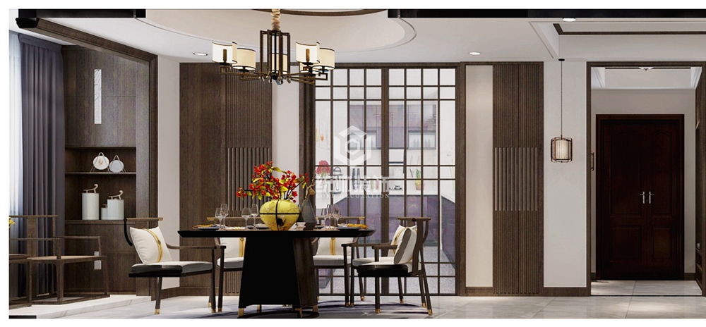 寶山區一號院150平新中式餐廳裝修效果圖