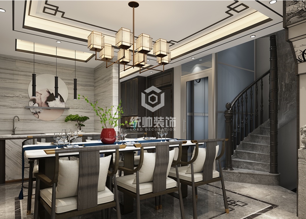 浦东新区中环国际306平方新中式风格4室3厅1厨3卫餐厅装修效果图
