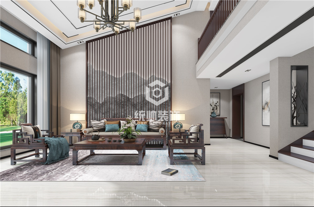 浦東新區寶島麗園150平新中式客廳裝修效果圖
