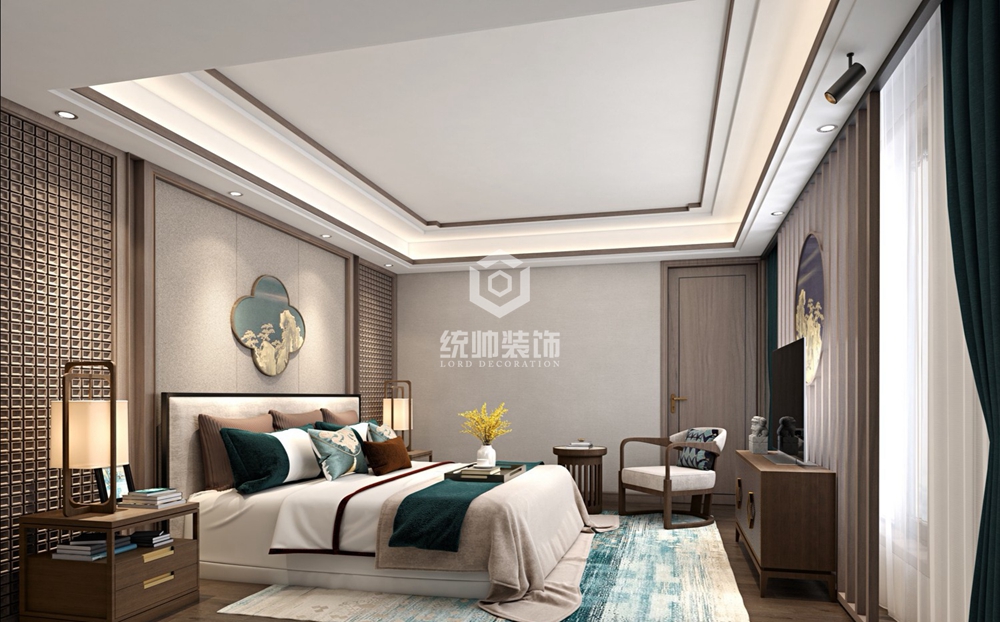 松江区合生广富汇400平方新中式风格联体别墅卧室装修效果图