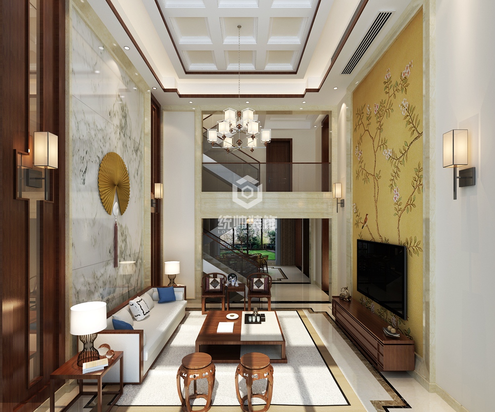 宝山区保利叶语420平方新中式风格别墅客厅装修效果图