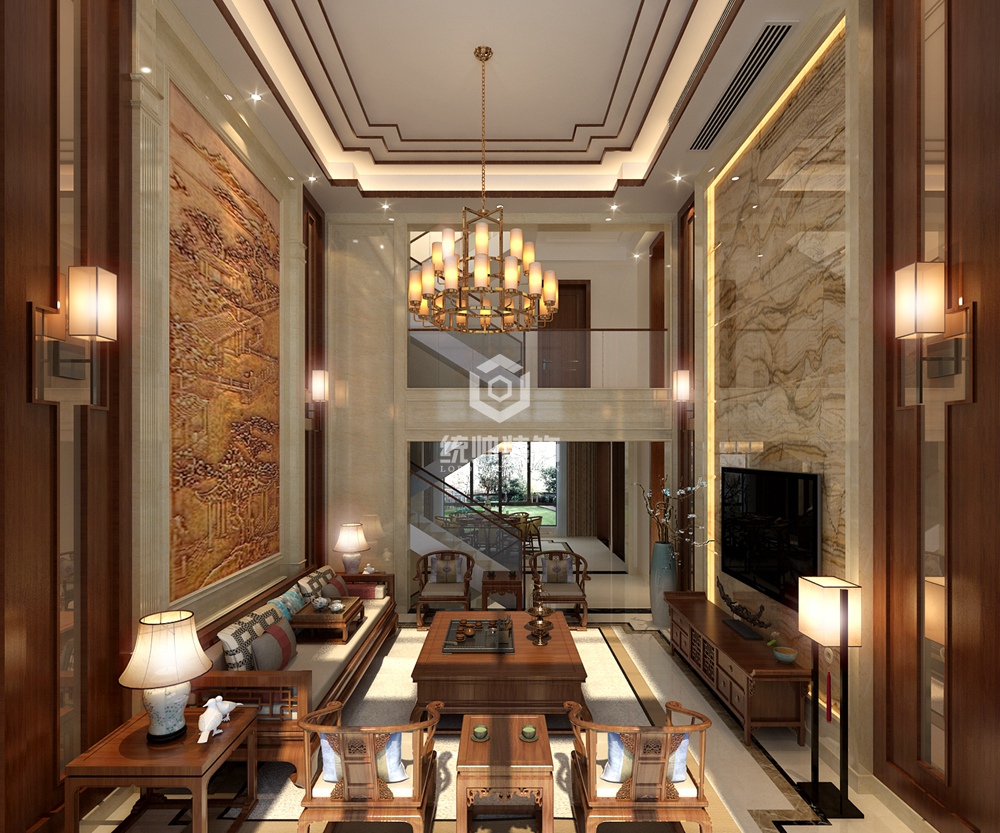 宝山区保利叶语420平方新中式风格别墅客厅装修效果图