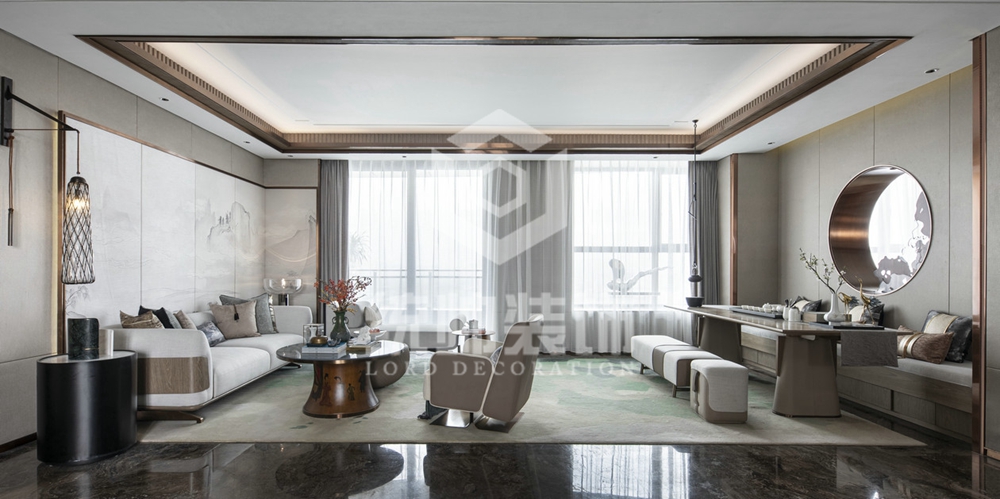 浦东新区花样年悦城320平方新中式风格复式客厅装修效果图