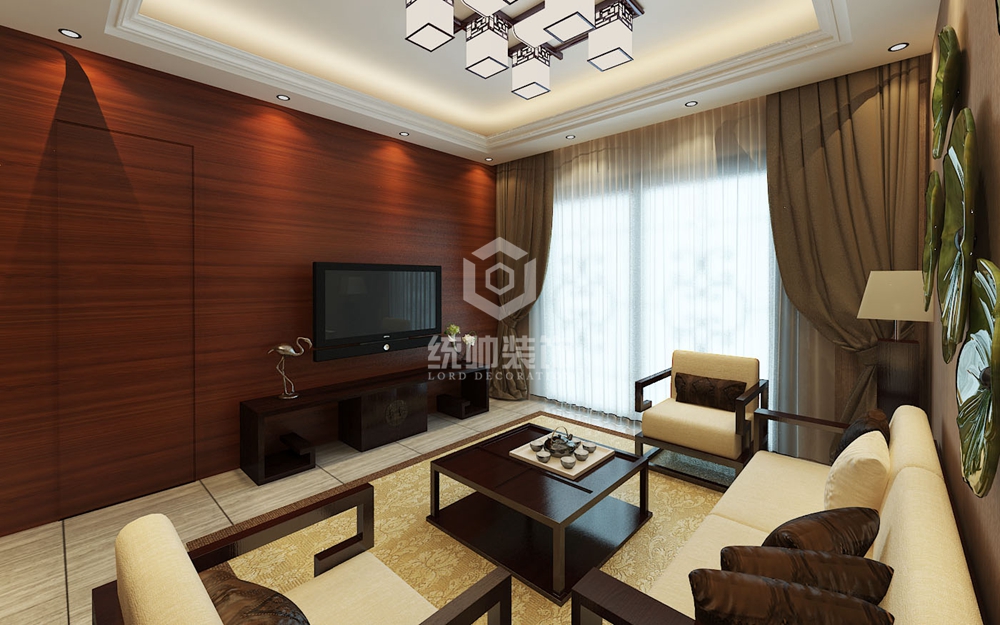 浦东新区中环国际公寓98平中式客厅装修效果图