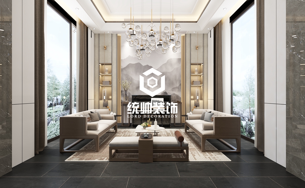 青浦区品臻园600平方新中式风格别墅客厅装修效果图