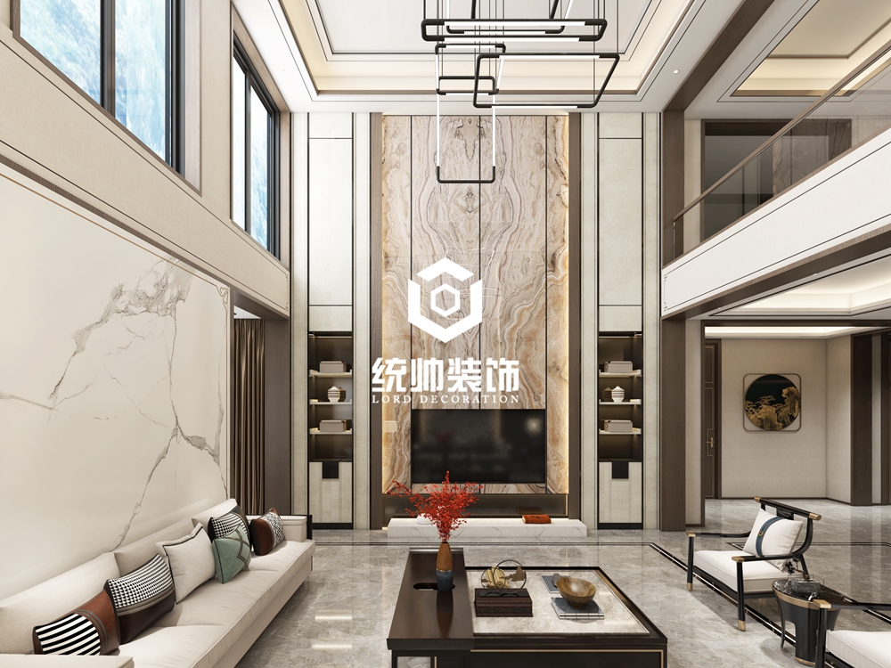 闵行区银涛高尔夫900平方新中式风格别墅客厅装修效果图