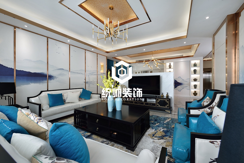 浦東新區藍迷印象360平新中式客廳裝修效果圖
