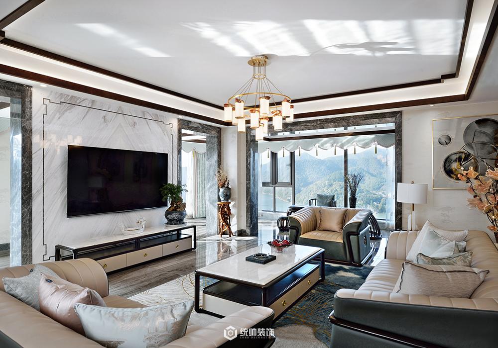 上海周邊富春峰景286平新中式客廳裝修效果圖