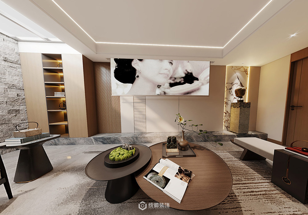 上海周边绿地长岛230平新中式客厅装修效果图